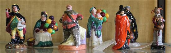 7 Royal Doulton miniature figures, Jester, Balloon Seller, Guy Fawkes, Good King Wenceslas, Town Crier, Falstaff & Old Balloon Seller